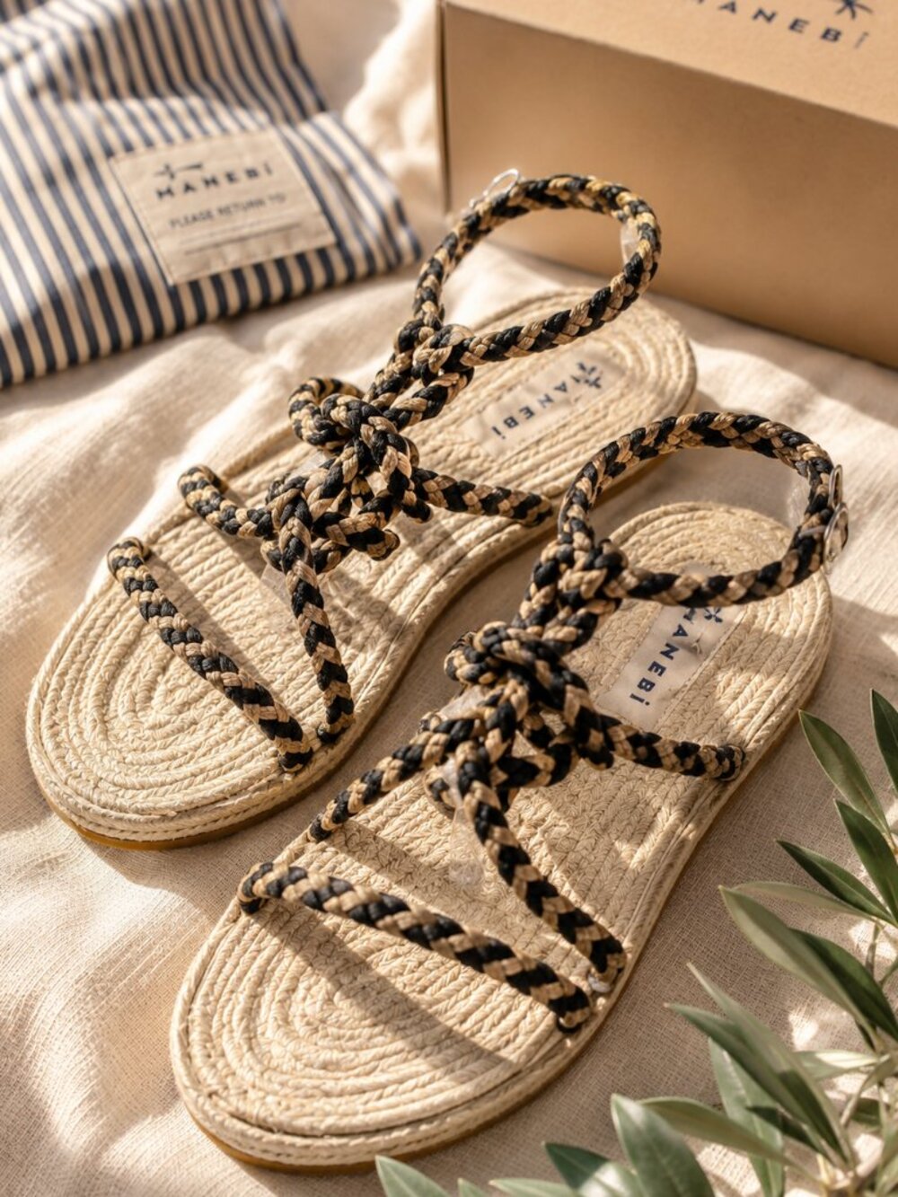 Manebí Jute Rope Sandals Natural Black Yucatán Strappy Espadrille Flat NIB
